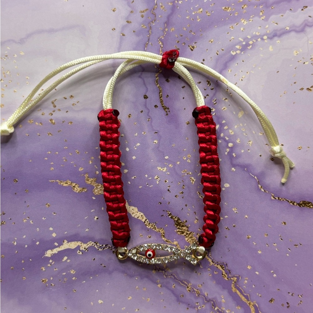 Handmade nylon satin adjustable bracelet with evil eye charm